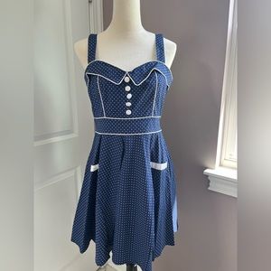 Hell Bunny Medium Blue Strapped Midi Dress with White Polka Dots and White Trim